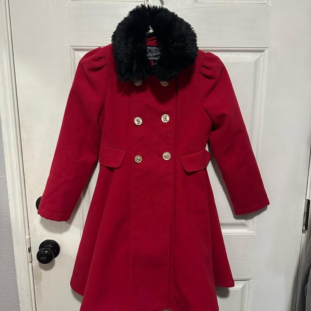 Rothschild Red Pea Coat with Black Faux Fur Collar